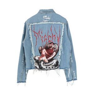 MISBHV Womens Desire Blue Denim Jean Distressed Snake Graphic Print Jacket Sz L